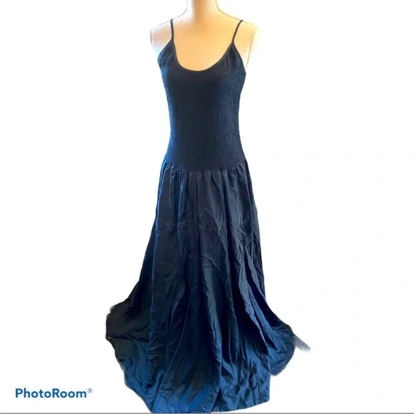 Gunmetal blue elegant silk dress full skirt with smocked tank style top. NWOT - Picture 2 of 8